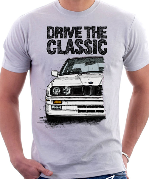 Drive The BMW E30 M3. T-shirt in White Colour – Automotive Art By Lukas Loza